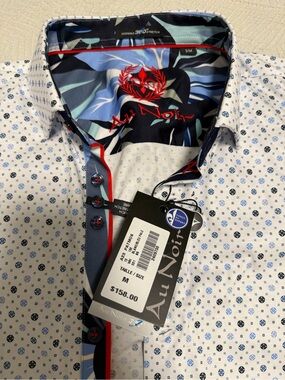 NWT AuNoir White Short-Sleeve Micro Dot Button-Down Shirt with Navy Accents